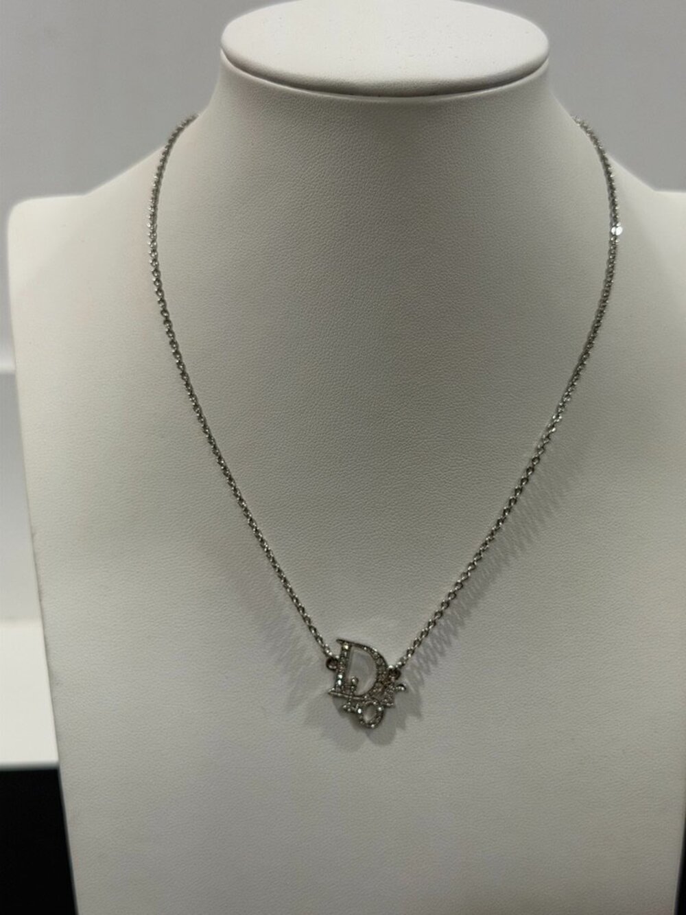 Vintage Christian Dior Crystal Logo Pendant Necklace Silver Tone (JB1582)